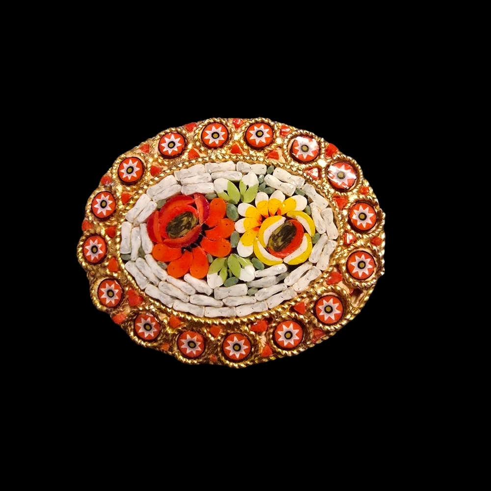 Vintage Micro Mosaic Murano Glass Gold Wash Brooch Pin Oval Floral Flower